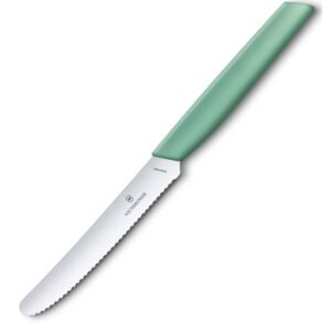 Кухонний ніж Victorinox Swiss Modern Tomato&Sausage 11см закругл.нос, волн. с мятн. ручкой
